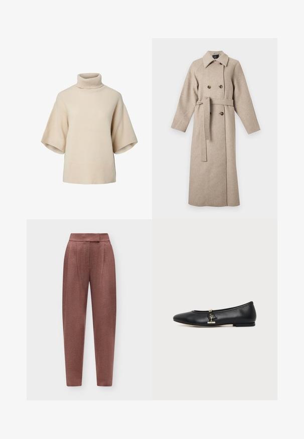 Long manteau en laine beige avec large col, boutons croisés et ceinture assortie nouée à la taille.; Pull beige en maille à col roulé avec manches courtes larges et ourlet côtelé sur fond uni.; Pantalon taille haute fuselé couleur rose poudré avec un devant plat et une fermeture cachée, présenté sur un fond clair uni.; Chaussure plate en cuir noir avec bout arrondi et petit détail de boucle dorée sur le côté, présentée sur un fond clair uni.