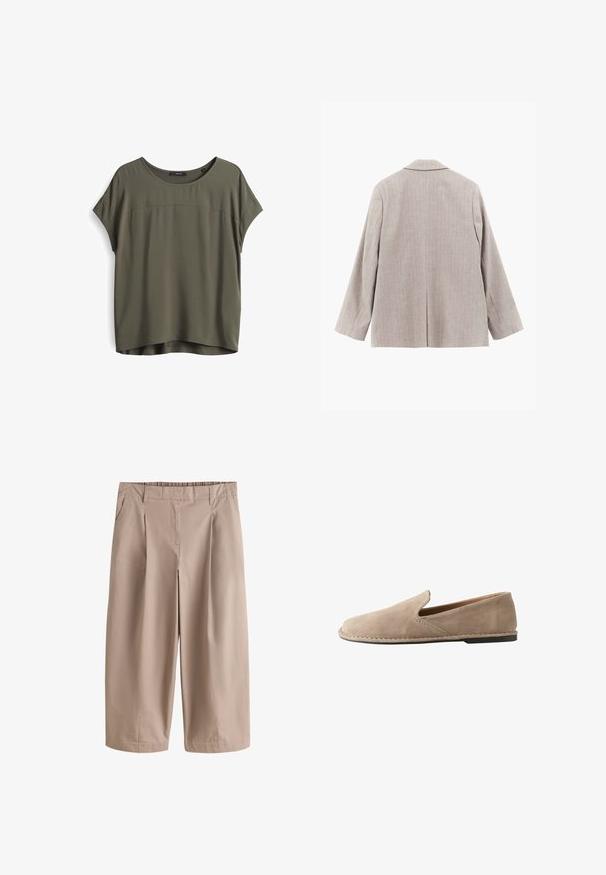 Beige colbert met fijne strepen, lange mouwen en een enkele achterventilatie, gezien van achteren op een witte achtergrond.; Olijf groene blouse met korte mouwen, een ronde halslijn, een gladde textuur en een iets langere achterzoom. Eenvoudig ontwerp, casual pasvorm.; Beige wijde cropped broek met riemlussen, zijzakken, voorplooien en kleine splitjes aan de zoom.; Beige suède instapschoen met afgeronde neus, lage platte hak, doorgenaaide zool en elastische zij inzet voor gemakkelijk aan- en uittrekken.