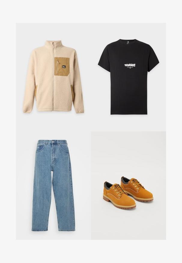 Beige fleecejakke med fuld lynlås, høj krave og tan lynlåslomme på brystet med en lille sort-hvid logo-patch.; Sort T-shirt med korte ærmer med hvidt "The North Face" logo og "Never Stop Exploring" tekst centreret på brystet.; Lyseblå denim jeans med høj talje og afslappet pasform, der har to forlommer, en baglomme og knaplukning.; Brune ruskindssko med rund tå, gule snørebånd, en polstret sort krave og gummisåler med skridsikre riller.
