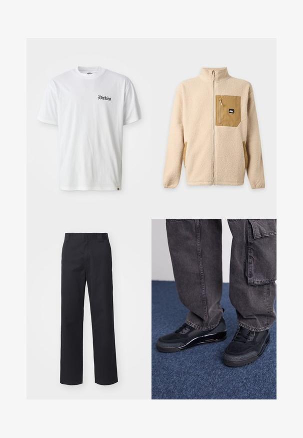 Beige fleecejakke med fuld lynlås, høj krave og tan lynlåslomme på brystet med en lille sort-hvid logo-patch.; Hvid bomulds T-shirt med korte ærmer og rund hals. Har en sort "Dickies" logo trykt på venstre bryst.; Sorte lige benbukser lavet af bomuldsblandet stof. Har en flad frontbetræk med bæltesløjfer og ingen synlig hardware eller udsmykninger.; Sorte sportsko med en struktureret overflade, glatte detaljer og en kraftig sål, der er parret med mørke, løstsiddende cargo-bukser.