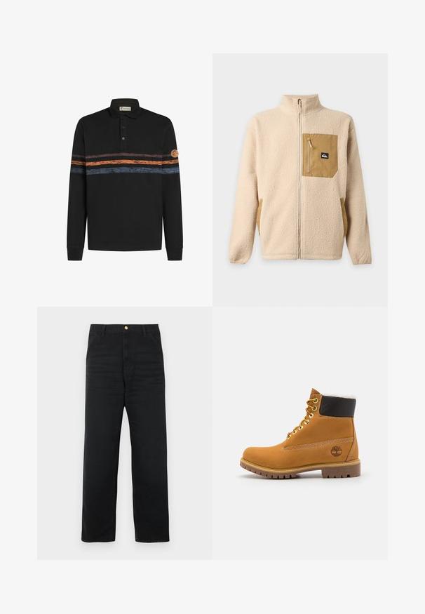 Beige fleecejack met volledige rits, hoge kraag en bruine ritssluiting op de borst met een klein zwart-wit logo.; Zwarte polo met lange mouwen, gekenmerkt door een textuur met horizontale strepen in oranje en blauw, met een logopatch op de linker mouw.; Zwarte denim broek met een rechte pijp, voorzien van een knoopsluiting aan de voorkant, twee zijzakken en een subtiele structuur.; Bruine leren enkellaars met metalen oogjes, witte faux bont voering, zwarte gewatteerde kraag, robuuste zool en een reliëflogo aan de zijkant.