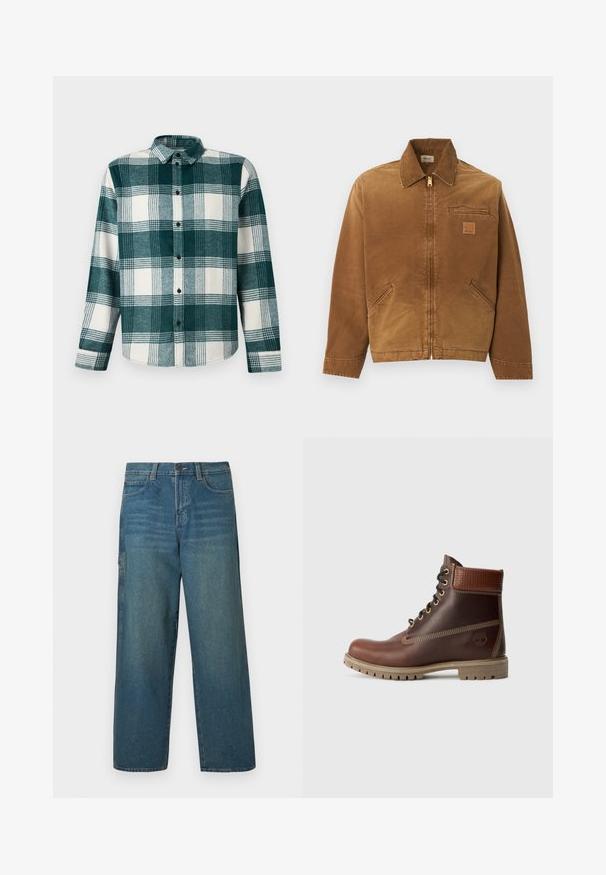 Veste de travail marron zippée avec col, deux poches latérales, une poche poitrine avec fermeture éclair et petit logo de marque sur la poitrine.; Chemise à manches longues à carreaux verts et blancs avec col et poignets, présentée sur un fond uni.; Jean en denim bleu moyen avec une coupe ample, jambes droites et un design classique à cinq poches. Comprend des passants de ceinture et une fermeture par bouton.; Bottine en cuir marron à lacets, avec un col rembourré, des coutures contrastées et une semelle robuste, vue de l'extérieur sur un fond blanc.