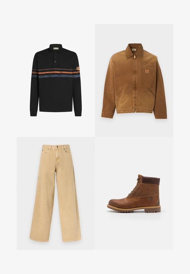 Bruine werkjas met ritssluiting en kraag, twee zijzakken, borstzak met rits en klein merklogo op de borst.; Zwarte polo met lange mouwen, gekenmerkt door een textuur met horizontale strepen in oranje en blauw, met een logopatch op de linker mouw.; Beige jeans met hoge taille en wijde pijpen, voorzien van knopen en ritssluiting aan de voorkant, riemlussen en voorzakken, afgebeeld tegen een effen achtergrond.; Bruine leren wandelschoen met een gladde afwerking, gevoerde enkel, metalen oogjes en een rubberen zool met een robuust profiel.