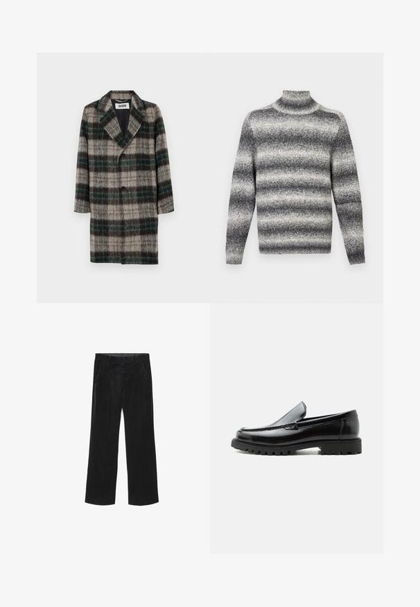 Uldternet frakke med et grå, grøn og sort mønster, med klapkrave, enkelt knaplukning og sidelommer.; Grå og hvid stribet højhalset sweater med ribstrik i halsen, der tilbyder en blød tekstur og almindelige lange ærmer.; Sorte, brede fløjl bukser med en glat tekstur, der har to forlommer og et tætsiddende taljebånd.; Sort læderloafer med chunky gummisål, syet overdel og præget mærkenavn på hælen, vist i sideprofil på hvid baggrund.