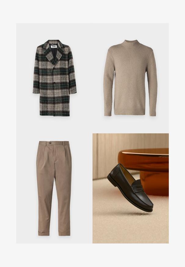 Manteau en laine à carreaux avec un motif gris, vert et noir, revers crantés, fermeture à un bouton et poches latérales.; Pull en tricot beige avec une surface texturée, un col et des bretelles côtelés. Doté de manches longues et d'un ourlet droit pour un design classique.; Pantalons khaki à coupe ajustée, avec un pli devant, une fermeture à bouton et des poignets retroussés. Fabriqués à partir d'un tissu en coton léger.; Chaussure mocassin en cuir noir suspendue au-dessus d’un tapis beige avec du mobilier moderne couleur ambre en arrière-plan.