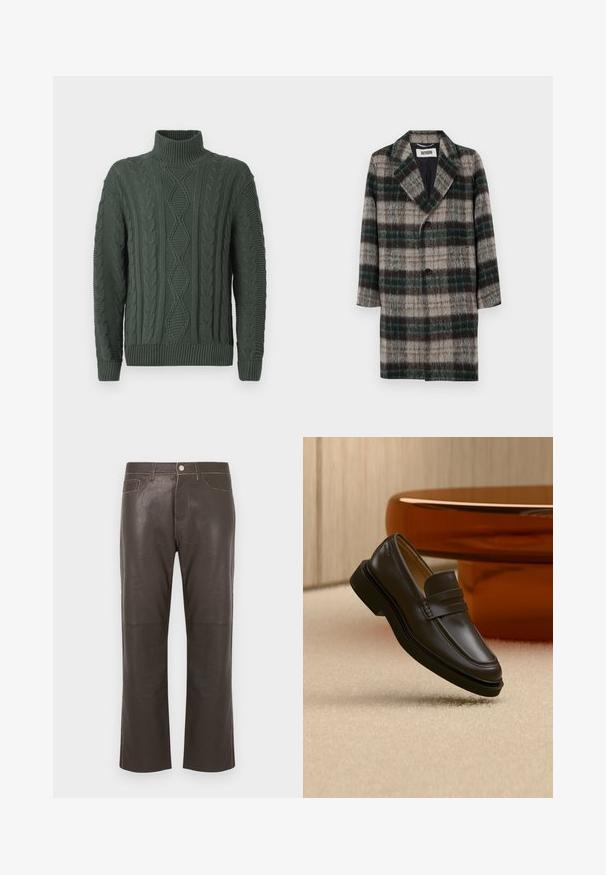 Manteau en laine à carreaux avec un motif gris, vert et noir, revers crantés, fermeture à un bouton et poches latérales.; Pull à col roulé en tricot torsadé vert foncé avec des motifs en losanges et en tresses, finitions côtelées aux manches et à l'ourlet.; Pantalon droit en cuir marron foncé avec bouton frontal, fermeture éclair, passants pour ceinture et détails de couture contrastants.; Mocassin en cuir noir flottant au-dessus d'un tapis beige avec des meubles arrondis marron en arrière-plan.
