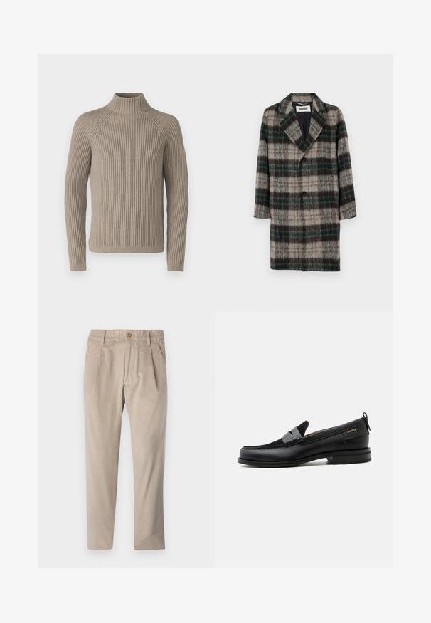 Manteau en laine à carreaux avec un motif gris, vert et noir, revers crantés, fermeture à un bouton et poches latérales.; Pull à col roulant côtelé beige avec des manches longues, présentant une silhouette ajustée et un motif en tricot texturé. Fabriqué à partir d'un matériau doux.; Pantalons en velours côtelé beige avec une taille élastique, fermeture à bouton et détails de plis, présentant un design à jambe droite et un tissu texturé.; Mocassin en cuir noir avec détail de bride grise, talon bas et semelle texturée, marqué "HUGO" en or sur le côté.