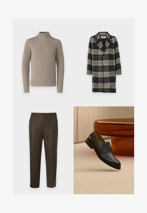 Uldternet frakke med et grå, grøn og sort mønster, med klapkrave, enkelt knaplukning og sidelommer.; Beige ribbet turtleneck sweater med lange ærmer, som har en tætsiddende silhuet og struktureret strikkemønster. Lavet af et blødt materiale.; Mørkebrune skræddersyede bukser med en glat tekstur, der har to frontfældninger, en knaplukning og et lige ben-design.; Sort læder loafers med lav hæl svævende over beige tæppe ved rundt brunt bord.