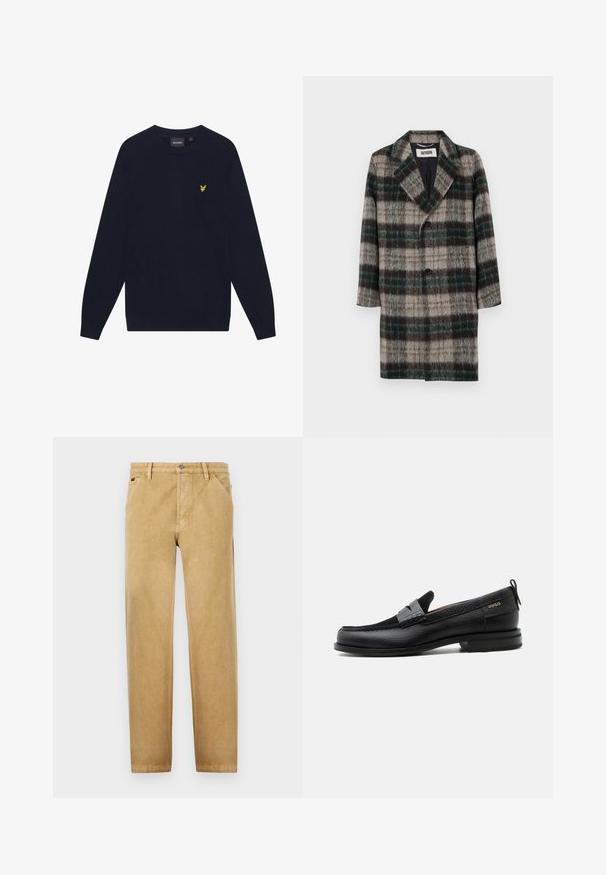 Uldternet frakke med et grå, grøn og sort mønster, med klapkrave, enkelt knaplukning og sidelommer.; Mørkeblå langærmet crew neck sweater med et lille gult broderet ørnelogo på venstre bryst.; Tan chinos med lige ben-design, lavet af blødt stof. Har forlommer, knaplukning og diskrete stikninger.; Sort læderloafer med grå remdetalje, lav hæl og tekstureret sål, mærket med "HUGO" i guld på siden.