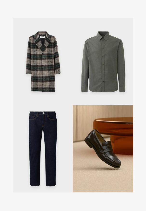 Manteau en laine à carreaux avec un motif gris, vert et noir, revers crantés, fermeture à un bouton et poches latérales.; Chemise à manches longues boutonnee de couleur vert foncé, fabriquée en tissu texturé. Dotée d'un col classique et de cinq boutons sur le devant.; Jean en denim bleu marine avec une coupe droite, featuring des coutures orange, cinq poches et un bouton à l'avant.; Mocassin en cuir noir brillant avec un détail de bride, posé sur un tapis beige près d'une table basse ronde en bois brun dans une pièce doucement éclairée.