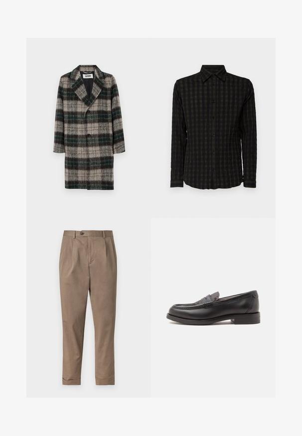 Manteau en laine à carreaux avec un motif gris, vert et noir, revers crantés, fermeture à un bouton et poches latérales.; Chemise noire à manches longues avec un motif à carreaux texturé dans des tons sombres, présentant un devant à boutons, un col et des poignets avec des rayures assorties.; Pantalons khaki à coupe ajustée, avec un pli devant, une fermeture à bouton et des poignets retroussés. Fabriqués à partir d'un tissu en coton léger.; Mocassin noir en cuir avec un petit talon et une partie supérieure texturée, affiché de profil sur un fond clair uni.
