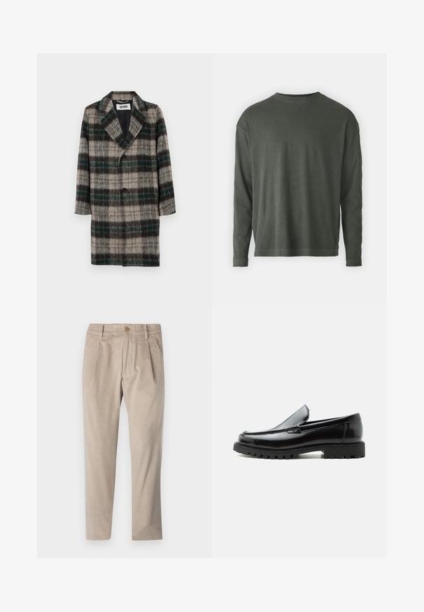 Uldternet frakke med et grå, grøn og sort mønster, med klapkrave, enkelt knaplukning og sidelommer.; DRYKORN MARRIO - Langærmet T-shirt - grey; Beige kordfløjspants med elastisk talje, knaplukning og plisseelementer, har et lige ben-design og struktureret stof.; Sort læderloafer med chunky gummisål, syet overdel og præget mærkenavn på hælen, vist i sideprofil på hvid baggrund.