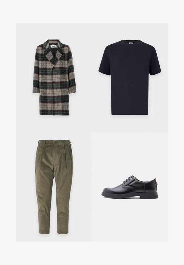 Abrigo de lana de cuadros con un patrón en gris, verde y negro, solapas con muesca, cierre de un solo botón y bolsillos laterales.; Camiseta de algodón azul marino con escote redondo, manga corta y corte relajado; textura suave; sin patrones o elementos metálicos visibles.; Pantalones de pana verde oliva con un corte relajado, que presentan pliegues, una cintura elástica y piernas entalladas. Tejido texturizado con costillas verticales.; Zapatos de piel negra con cordones, textura lisa, puntera redondeada y detalles sutiles de costura. Cuentan con una lengüeta roja en el talón.