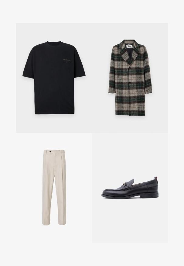 Uldternet frakke med et grå, grøn og sort mønster, med klapkrave, enkelt knaplukning og sidelommer.; Sort T-shirt med korte ærmer og rund halsudskæring med lille "ALLSAINTS" logo trykt på øverste venstre side af brystet.; Beige skræddersyede bukser med lige ben-design, der har frontplisseringer, knaplukning og en glat tekstur.; Sort lædermokasin med grå tekstureret forfod, sølvfarvet metalspænde, lav hæl og trækflap bagpå.