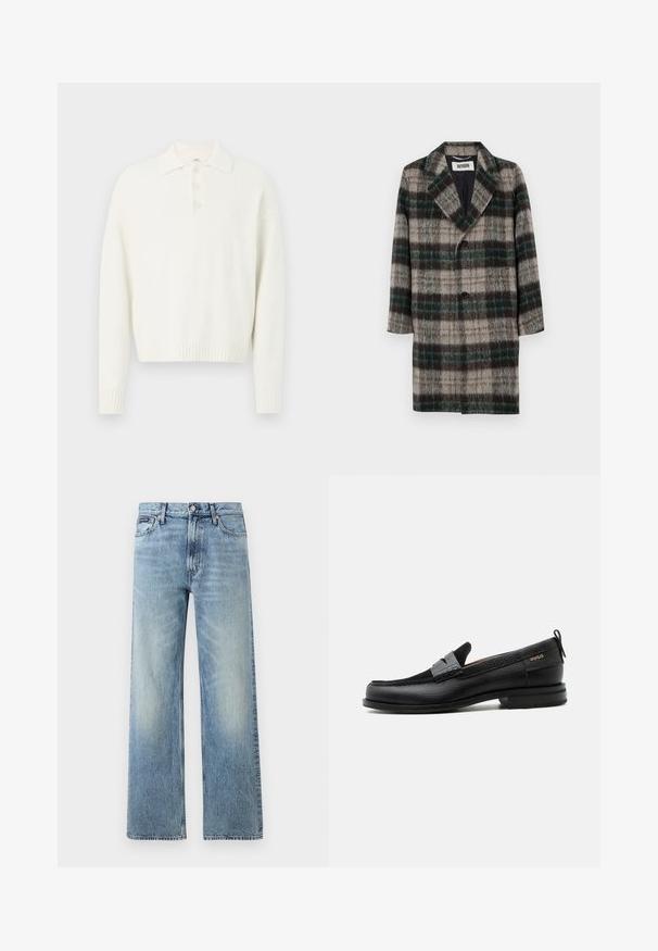 Uldternet frakke med et grå, grøn og sort mønster, med klapkrave, enkelt knaplukning og sidelommer.; Hvid pullover sweater med krave, tre knapper foran og ribbede manchetter og kant. Blødt, struktureret stof med en afslappet pasform.; Lyseblå denim jeans med lige ben, højt talje, fem lommer, knaplukning og diskrete falmede områder på lår og knæ.; Sort læderloafer med grå remdetalje, lav hæl og tekstureret sål, mærket med "HUGO" i guld på siden.