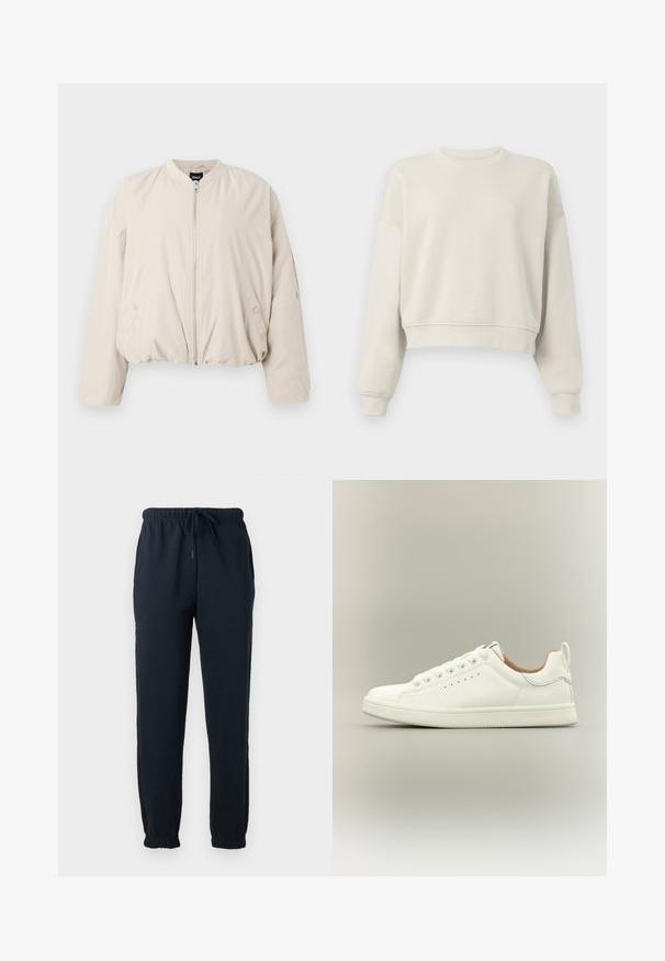 Lys beige bomberjakke med lynlås, ribbet krave og elastisk talje. Har sidelommer og en glat stoftekstur.; Lys beige cropped sweatshirt med lange ærmer, ribbet krave og manchetter, blød stofstruktur, minimalistisk design, ingen synlige mønstre eller accenter.; Sorte joggingbukser med elastisk talje, snøre, sidelommer og elastiske manchetter ved anklerne.; Hvid lav sneaker med snørebånd, perforerede sidedetaljer og en trækflap på hælen, sat mod en neutral baggrund.
