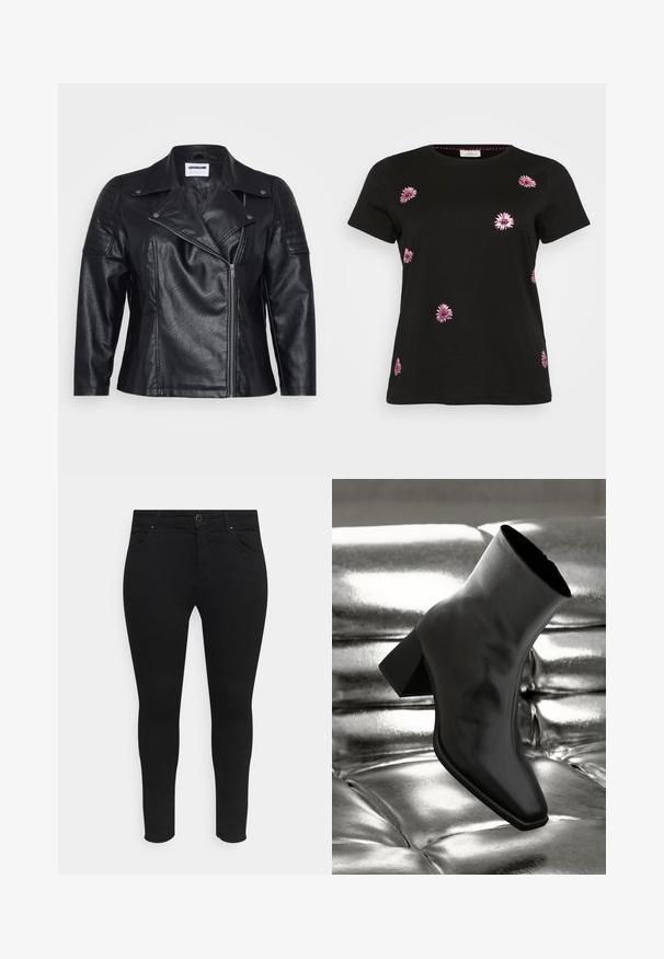Sort lædermotorcykeljakke med krave, diagonallukning og kviltet skulderdetalje. Har en glat tekstur og skræddersyet pasform.; Sort bomulds t-shirt med pink blomsterbroderi i spredte designs. Rund hals og korte ærmer. Blød tekstur, afslappet pasform.; Sorte skinny jeans lavet af et strækstof, med forlommer, en knaplukning og et strømlinet design uden synlige mønstre eller udsmykninger.; Sorte ankelstøvler lavet af glossy materiale med firkantet tå og spidse hæle, sat mod en skinnende sølv tuftet baggrund.