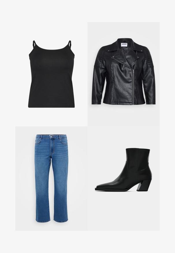 Veste de moto en cuir noir avec col, fermeture éclair diagonale et détails matelassés sur les épaules. Présente une texture lisse et une coupe ajustée.; Camisole noire avec de fines bretelles réglables, fabriquée en tissu lisse, dotée d'un design simple sans manches et d'un ourlet droit.; Jean en denim bleu avec une coupe droite, présentant une fermeture à bouton, un design classique à cinq poches et une texture légèrement décolorée au niveau des cuisses.; Bottine en cuir noir avec un bout pointu, une silhouette élégante et un talon carré massif. Texture lisse avec des détails de couture minimalistes.