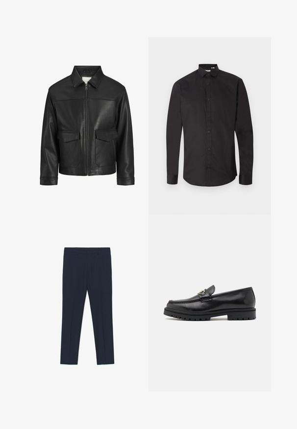 Chaqueta de cuero negro con cuello, cierre frontal de cremallera, dos grandes bolsillos con solapa, textura lisa y ajuste estructurado.; Camisa negra de manga larga hecha de algodón suave, con cierre de botones en el frente, cuello clásico y dobladillo curvado. Diseño simple, sin estampados.; Pantalones formales azul marino con un diseño entallado, textura suave y dos bolsillos delanteros, con líneas limpias y un corte recto.; Mocasines de cuero negro con un acabado suave, punta redonda, una tira decorativa con herraje dorado y una suela negra robusta.