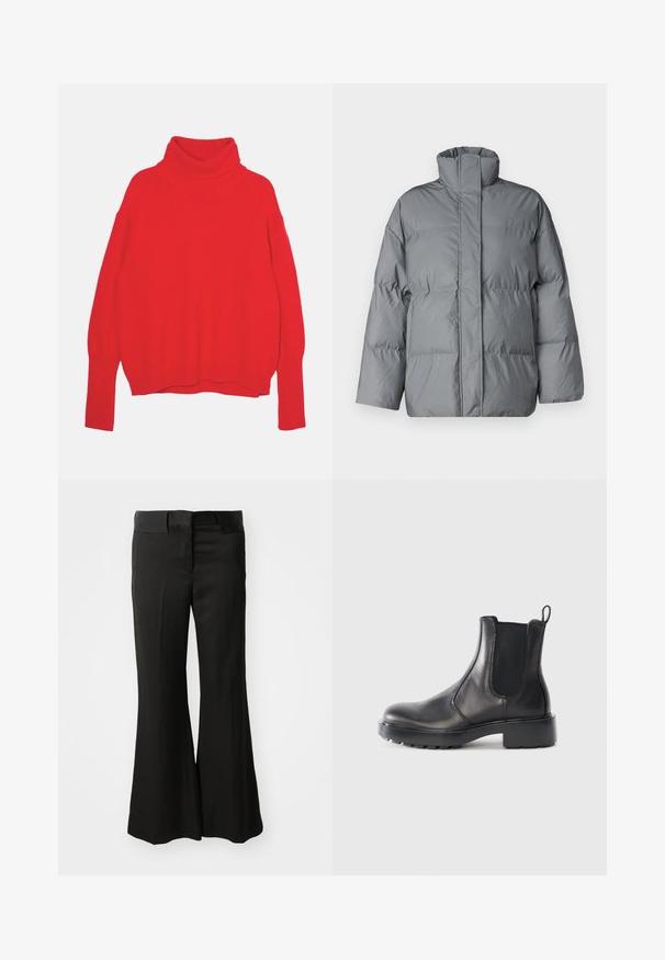 Veste rembourrée grise avec col montant, silhouette droite et texture matelassée. Présente une fermeture à l'avant et des manches larges.; Pull en maille rouge à col montant avec une coupe décontractée, manches longues, poignets et ourlet côtelés. Texture lisse et couleur uniforme.; Pantalons évasés noirs en matériau lisse, avec une taille mi-haute et un design épuré et ajusté sans ornements visibles.; Bottines Chelsea en cuir noir avec panneaux élastiques sur les côtés, bout rond, semelle en caoutchouc épaisse et tirant à l'arrière.