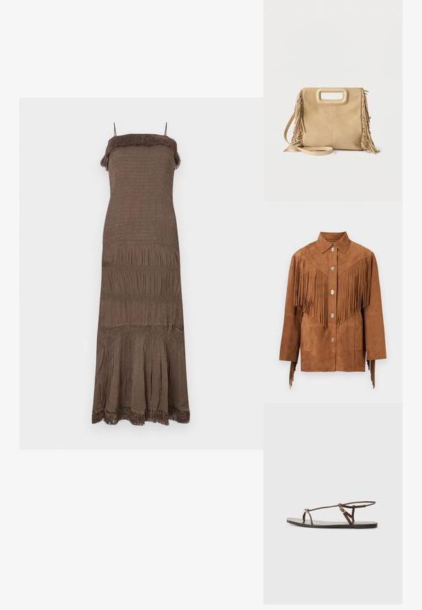 Brown suede jacket with silver buttons and long fringe detailing across chest and sleeves, collared with two front pockets.; Brown, sleeveless dress featuring a smocked bodice, tiered skirt, and fringe detailing at the neckline and hem. Soft, textured fabric.; Brown leather sandal with thin straps, a gold circular accent, and a flat sole. Minimalist design with an adjustable buckle detail.; Beige suede handbag with fringe on sides, rectangular cut-out handle, and detachable shoulder strap on plain white background.