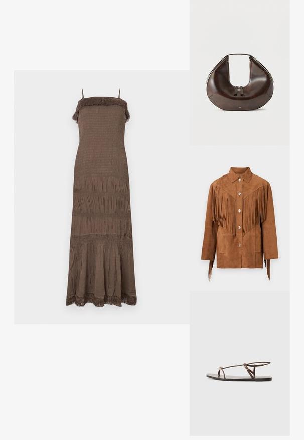 Veste en daim marron avec des boutons argentés et de longues franges décoratives sur la poitrine et les manches, à col avec deux poches avant.; Robe marron sans manches avec un corsage smocké, une jupe à volants et des détails à franges au niveau de l'encolure et de l'ourlet. Tissu doux et texturé.; Sandale en cuir marron avec des fines lanières, un accent circulaire doré et une semelle plate. Design minimaliste avec un détail de boucle réglable.; Sac à main en cuir brun foncé en forme de croissant avec poignée supérieure et double curseur de fermeture éclair, présenté sur un fond clair uni.