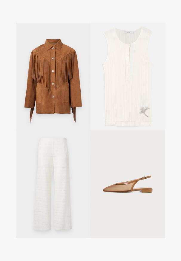 Chaqueta de ante marrón con botones plateados y detalles de flecos largos en el pecho y las mangas, con cuello y dos bolsillos frontales.; Top sin mangas de canalé en tejido blanco roto, con un cierre de botones en la parte delantera y un detalle de bordado metálico con flores en el dobladillo.; Pantalones blancos de pierna ancha con patrones bordados, detalles de ojales y un acabado texturizado; fabricados con una tela ligera para una mayor transpirabilidad.; Zapato plano marrón con tira trasera, puntera puntiaguda, tira delgada con hebilla y tacón bajo de bloque sobre fondo blanco.