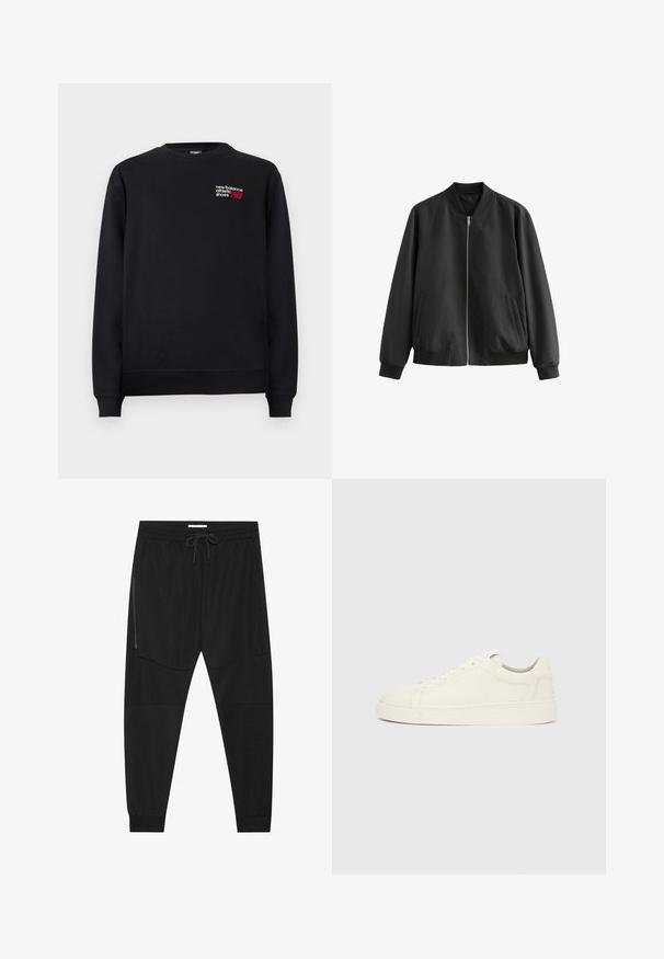 Sort bomberjakke lavet af glat stof, med lynlås fortil, ribbet krave, kant og manchetter, samt to sidelommer.; Sort sweatshirt lavet af bomuldsblanding, med rund hals, ribbede manchetter og et lille rødt og hvidt "New Balance"-logo på brystet.; Sorte træningsbukser lavet af tekstureret stof, med justerbar talje, lynlåslomme på siden og tapered cuffs.; Hvid læder sneaker med lavt skaft, snørelukning og flad sål på ensartet lysegrå baggrund, set fra siden.