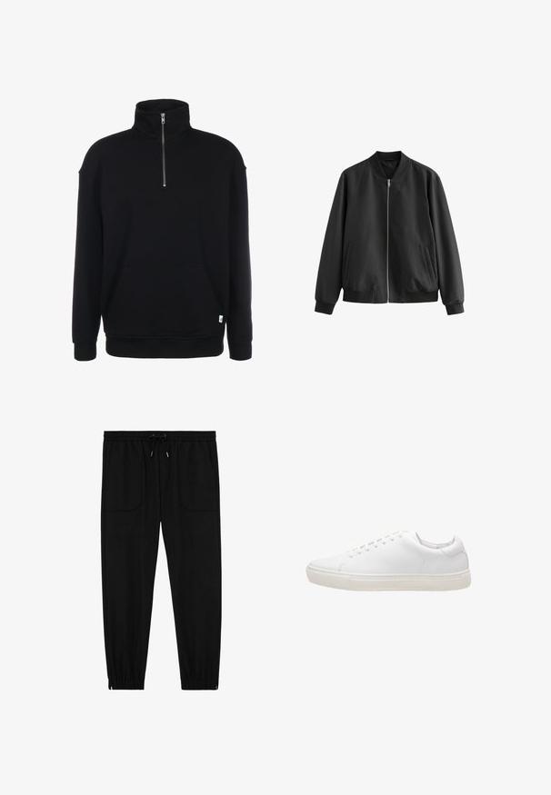 Schwarze Bomberjacke aus glattem Stoff, mit Reißverschluss vorne, geripptem Kragen, Saum und Bündchen, sowie zwei Seitentaschen.; Schwarzer Sweatshirt mit Zip-Kragen, langen Ärmeln, weicher Textur, einer Fronttasche und einem kleinen grünen Logo am Saum.; Schwarze Jogginghosen mit elastischem Bund, Kordelzug, vorderen aufgesetzten Taschen und elastischen Bündchen vor weißem Hintergrund.; Weiße Leder-Sneaker mit glatter Textur, runder Zehenpartie, Schnürverschluss und flacher Gummisohle. Minimalistisches Design ohne sichtbare Muster.