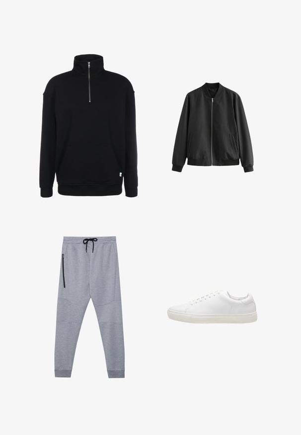 Schwarze Bomberjacke aus glattem Stoff, mit Reißverschluss vorne, geripptem Kragen, Saum und Bündchen, sowie zwei Seitentaschen.; Schwarzer Sweatshirt mit Zip-Kragen, langen Ärmeln, weicher Textur, einer Fronttasche und einem kleinen grünen Logo am Saum.; Graue Jogginghosen aus weichem Stoff mit einem Kordelzugbund, schmal zulaufenden Beinen und einer seitlichen Reißverschlusstasche für sicheren Stauraum.; Weiße Leder-Sneaker mit glatter Textur, runder Zehenpartie, Schnürverschluss und flacher Gummisohle. Minimalistisches Design ohne sichtbare Muster.