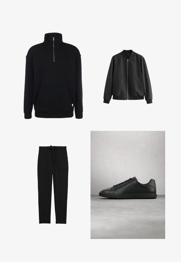 Schwarze Bomberjacke aus glattem Stoff, mit Reißverschluss vorne, geripptem Kragen, Saum und Bündchen, sowie zwei Seitentaschen.; Schwarzer Sweatshirt mit Zip-Kragen, langen Ärmeln, weicher Textur, einer Fronttasche und einem kleinen grünen Logo am Saum.; Reiss REGULAR FIT - SET BELTED TECHNICAL - Stoffhose - black; Schwarzer Ledersneaker mit Schnürsenkeln und geprägt eingestelltem "ck"-Logo, der über einem grauen Boden nahe einer Glasblockwand schwebt.