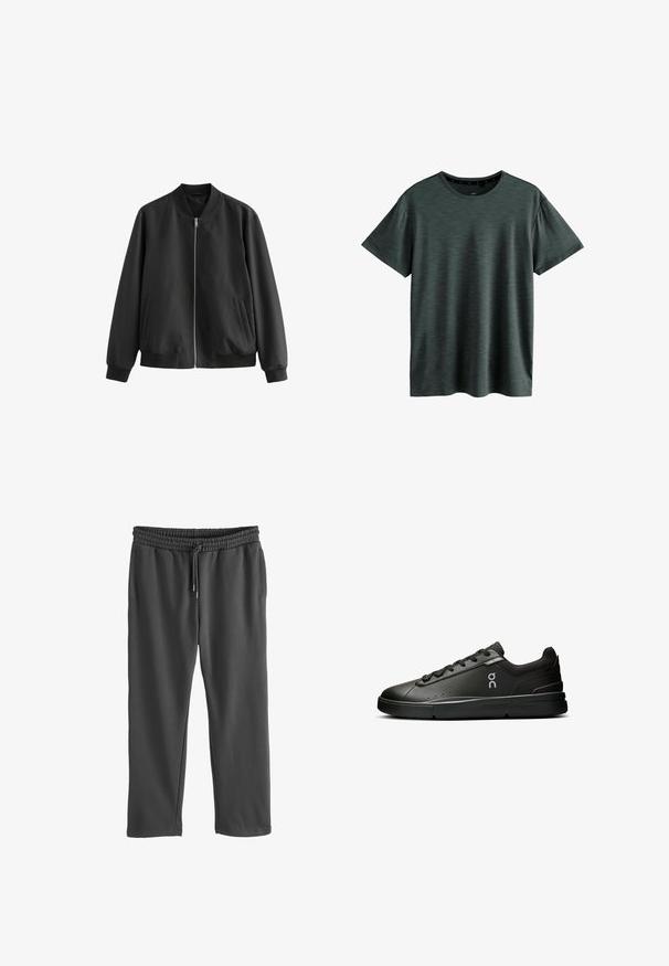 Chaqueta bomber negra hecha de tejido suave, con cierre de cremallera en el frente, cuello de canalé, dobladillo y puños, además de dos bolsillos laterales.; Camiseta gris oscuro hecha de un tejido suave y texturizado. Presenta un clásico cuello redondo y mangas cortas con un sutil patrón. Sin logotipos visibles.; Pantalones de chándal grises con cintura elástica y cordón ajustable. Hechos de tela suave, con bolsillos laterales y un corte relajado.; On THE ROGER ADVANTAGE - Zapatillas - black black