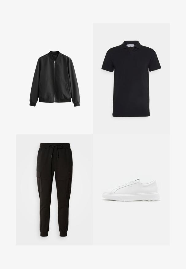 Chaqueta bomber negra hecha de tejido suave, con cierre de cremallera en el frente, cuello de canalé, dobladillo y puños, además de dos bolsillos laterales.; Camisa polo negra de manga corta con un cuello clásico, fabricada en un tejido suave. Presenta una etiqueta con el nombre de la marca 'Filippa K' en el escote.; Pantalones de chándal negros con cintura elástica y cordón. Presenta bolsillos tipo cargo a los lados y puños elásticos en los tobillos.; Zapatillas blancas hechas de material sintético suave. Presentan un diseño de caña baja, suela blanca elevada, punta redondeada y cordones en la parte frontal con cinco ojetes.