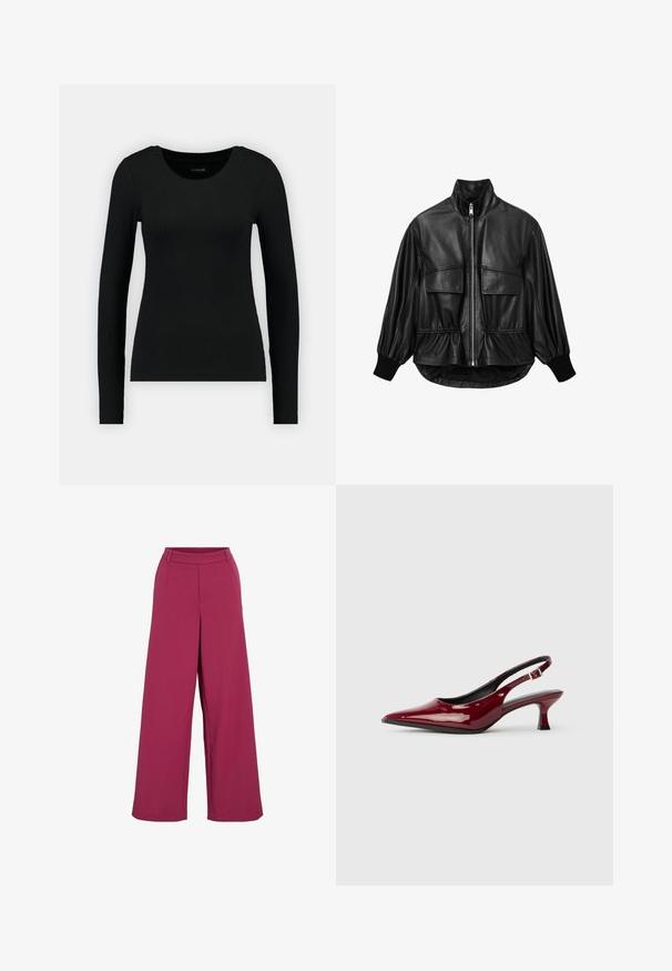 Schwarze Lederjacke mit hohem Kragen, zwei Fronttaschen, elastischem Bund und gerippten Bündchen. Verfügt über einen Reißverschluss und eine glatte Textur.; Schwarz, langärmliges Shirt aus geripptem Material. Merkmale einen runden Halsausschnitt und eine taillierte Silhouette. Einfaches Design ohne Muster oder Akzente.; Weit geschnittene Hosen in einem satten Magenta. Hergestellt aus weichem Stoff mit glatter Textur. Verfügen über eine Taille mit mittlerer Höhe und maßgeschneiderte Vordertaschen.; Burgunderfarbene Lackleder Slingback-Absätze mit spitzem Zehenbereich und schlankem Stiletto-Absatz. Offenes Rückendesign mit verstellbarem Knöchelriemen.
