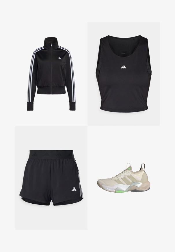 Sort trackjakke med lynlås lavet af blødt stof. Har hvidt tre-stribet design langs ærmerne og et lille logo på brystet.; Sort sports crop top lavet af fugttransporterende stof, med rund hals, ærmeløs design og hvidt logo på brystet.; Sorte sport shorts med elastisk talje, der har et tekstureret bånd, sidestreger og et hvidt Adidas-logo på den nederste kant.; Beige atletiske sko med mesh-overdel, tre hvide striber, grønne accenter og tekstureret sål. Funktioner en pull-tab på hælen og let polstring.