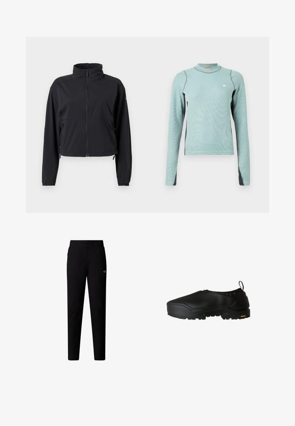 Veste légère noire avec ouverture zippée intégrale à l'avant, col montant, manches longues et cordons de serrage ajustables à l'ourlet.; Chemise à manches longues vert clair avec un col haut, présentant des accents gris et un tissu texturé. Petit logo sur la poitrine.; The North Face W QUEST SOFTSHELL PANTS - Pantalon classique - tnf black; The North Face BASE CAMP WP MULE - Chaussons - tnf black tnf black