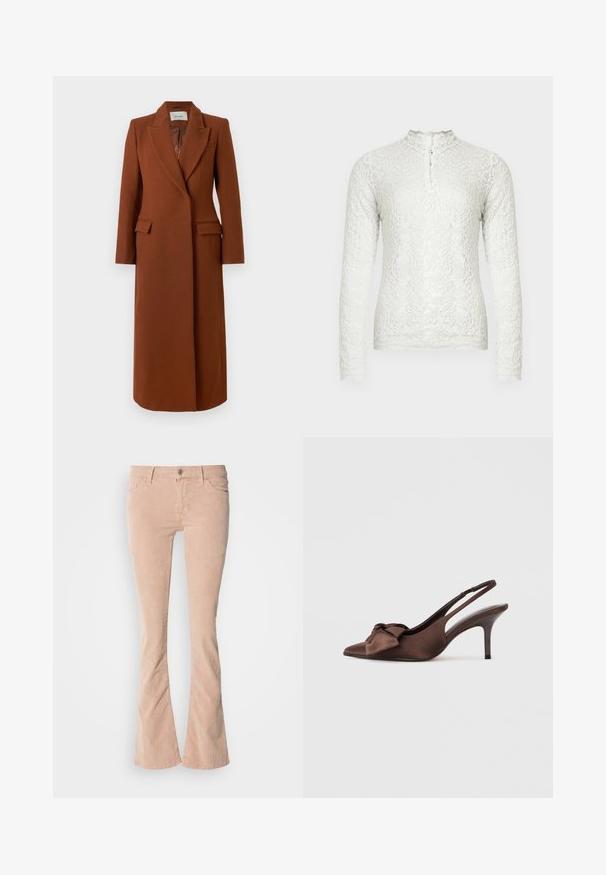 Lang rustbrun skræddersyet uldfrakk med notch-lapel, klappelommer og indvendig satinforing, knaplukning skjult under frontpanelet.; Hvid langærmet top i guipure, med høj hals og knaplukning, blomstermønster hele vejen igennem og en tekstureret overflade.; Lysrosa fløjl flared jeans med subtil ribbet tekstur, frontlommer, lynlås og knaplukning, samt en let falmning langs benene.; Brun satin slingback højhælet sko med spids tå og sløjfedetalje foran. Har en elegant silhuet og tynd hæl.