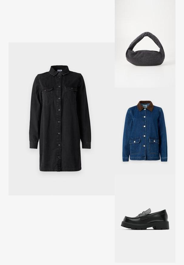 Jeansjakke med en mørkeblå finish, brun kordfløjelkrave, sølvfarvede trykknapper og to frontlommer. Har et klassisk design.; Sort denim skjortekjole med knaplukning foran, krave, lange ærmer og to brystlommer. Har et simpelt design og et robust materiale.; Sorte læder loafers med en chunky tekstureret sål, der har en rem over vamps og en glat, poleret finish.; Mørkegrå stofpose med et buet håndtag, blød tekstur og rund form. Ingen synligt hardware eller pynt.