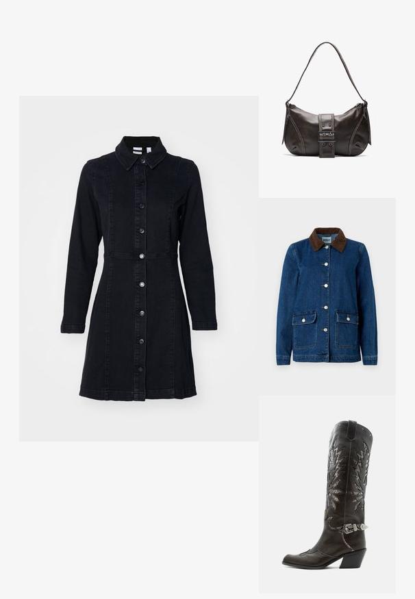 Jeansjakke med en mørkeblå finish, brun kordfløjelkrave, sølvfarvede trykknapper og to frontlommer. Har et klassisk design.; Sort denimkjole med krave, lange ærmer og knapper foran. Har en tætsiddende talje og en udvidet nederdel. Glat tekstur.; Sort læder cowboystøvle med dekorative udskæringer, sølvspænde og skrå hæl, vist på hvid baggrund.; Brun læder skuldertaske med en buet form, der har et fremtrædende spænde, kontrasterende syninger og en enkelt skulderrem.