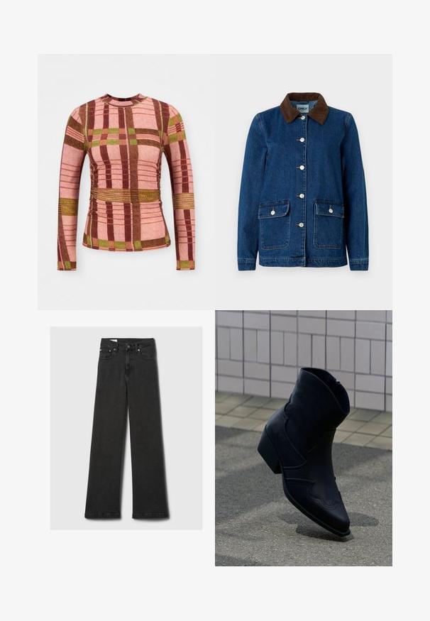 Veste en denim avec une finition bleu foncé, col en velours côtelé marron, boutons-pression en argent et deux poches avant. Présente un design classique.; Haut à manches longues en tartan avec des couleurs rose, marron et vert, en tissu texturé, avec un détail froncé à la taille et aux manches.; Jeans noirs taille haute à jambes droites avec cinq poches et rivets en cuivre, posés à plat sur un fond gris clair.; Bottine en cuir noir avec un petit talon, couture décorative et bout pointu, positionnée debout sur une surface pavée à côté d’un mur carrelé.
