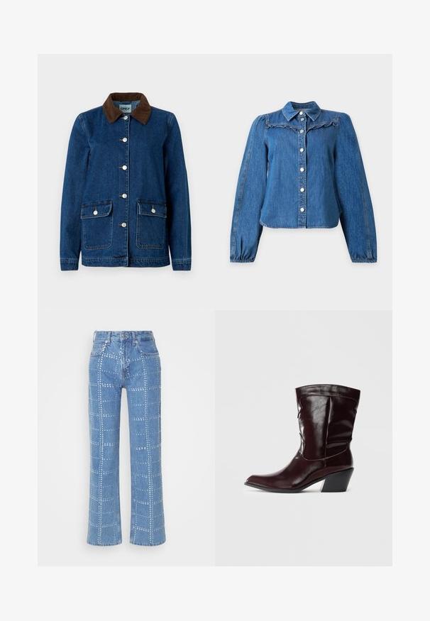 Veste en denim avec une finition bleu foncé, col en velours côtelé marron, boutons-pression en argent et deux poches avant. Présente un design classique.; Blouse en denim bleu à manches longues bouffantes, boutons argentés sur le devant, petit col et détail volanté sur la poitrine.; Jean en denim bleu clair avec une coupe droite, ornés d'un motif en grille de clous argentés et d'un design classique à cinq poches.; Bottines en cuir bourgogne avec un bout pointu, une surface texturée et un petit talon effilé. Présente une couture discrète et un ajustement confortable.