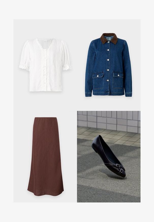 Denim jack met een donkerblauwe afwerking, een bruine ribfluwelen kraag, zilveren drukknoopsluitingen en twee voorzakken. Heeft een klassiek ontwerp.; Witte blouse met pofmouwen, een gegolfde halslijn en knopen aan de voorkant. Textuurstof met verticale strepen en decoratieve afwerking.; Bruine, lange rok gemaakt van lichtgewicht stof. Heeft een eenvoudig ontwerp met een rechte snit en een gladde textuur. De zoom is licht gebogen.; Zwarte spitse ballerina met twee kleine zilveren gespen zwevend boven asfalt bij een achtergrond van betegelde muur.