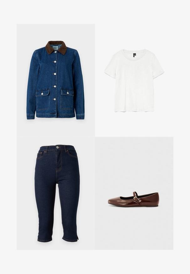 Veste en denim avec une finition bleu foncé, col en velours côtelé marron, boutons-pression en argent et deux poches avant. Présente un design classique.; T-shirt blanc à manches courtes avec un col rond, fabriqué en tissu léger. Design simple, texture lisse et ourlet droit.; Jean skinny court en denim bleu foncé avec fermeture frontale par boutons et surpiqûres orange, présenté sur fond blanc.; Ballerine en cuir verni marron avec un bout carré et une lanière ornée d'une petite boucle dorée. Texture lisse, talon bas et design minimaliste.