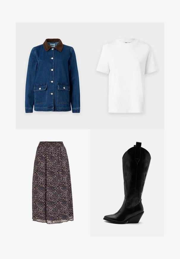 Veste en denim avec une finition bleu foncé, col en velours côtelé marron, boutons-pression en argent et deux poches avant. Présente un design classique.; T-shirt en coton blanc à col rond, avec des manches courtes et une texture lisse. Conçu avec une coupe décontractée pour plus de confort et de polyvalence.; Jupe midi avec taille élastique, coupe ample et motif abstrait marron, beige et bleu marine.; Botte de cowboy en cuir noir avec bout pointu, talon bloc incliné, couture décorative et languettes en haut sur fond blanc.