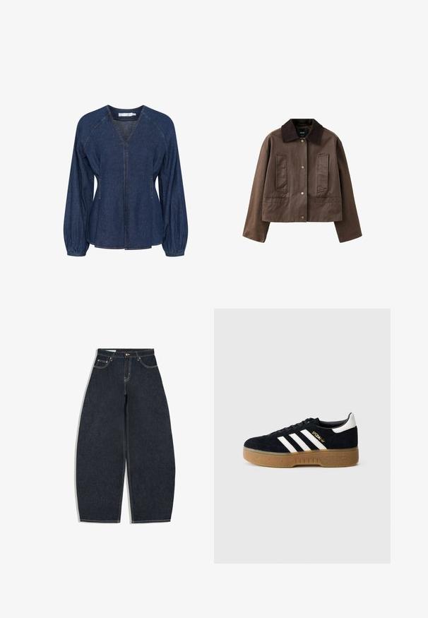 Brun kort jakke med bred krave, knaplukning foran, to lodrette brystlommer og to vandrette nederste lommer.; Mørkeblå denimbluse med V-udskæring, raglanærmer, elastiske manchetter og sidelommer. Har kontrastsyninger hele vejen igennem.; Mørkeblå vidde jeans med høj talje, forreste knap, lynlås og fem-lomme design på hvid baggrund.; Sort ruskindssneaker med hvide tre striber og guldfarvet logo. Sål i gummi med tekstureret greb. Klassisk lavtop-design med rundet tå.