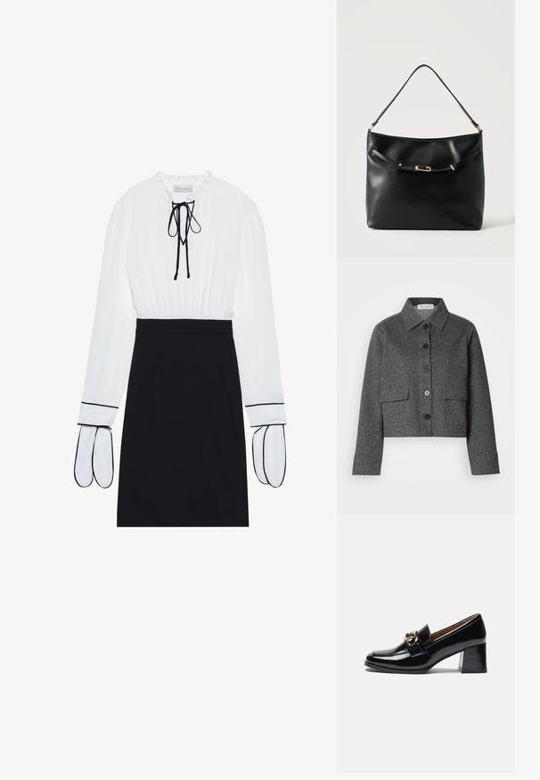 Grijze cropped jack gemaakt van textiele stof, met een kraag, knoopsluiting aan de voorkant en twee opgestikte zakken.; Witte blouse met een geplooide halslijn en trekkoord; zwarte fitted rok met contrasterende witte bies op de mouwen. Glad stoftextuur.; Zwarte gepatineerde leren instappers met hak, voorzien van een ronde neus, een chunkier hak en een gouden hardware accent op de voorband.; Zwarte leren schoudertas met een enkele band en een klein gouden gespsdetail aan de voorkant tegen een effen lichte achtergrond.