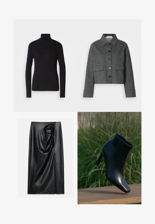 Grå cropped jakke lavet af struktureret stof, med krave, frontknaplukning og to påsyede lommer.; Sort ribbet rullekravesweater med lange ærmer. Fremstillet af strikmateriale med en tætsiddende design. Glat tekstur og høj halsdetalje.; Sort læderskirt med en glat overflade, der har en indsamlet sektion på den ene side og en skråning på siden for ekstra detaljer.; Sort læder ankelstøvle med spids tå og stilettohæl; glat, blank overflade; har en sidelukning med lynlås. Baggrunden antyder grønne områder.