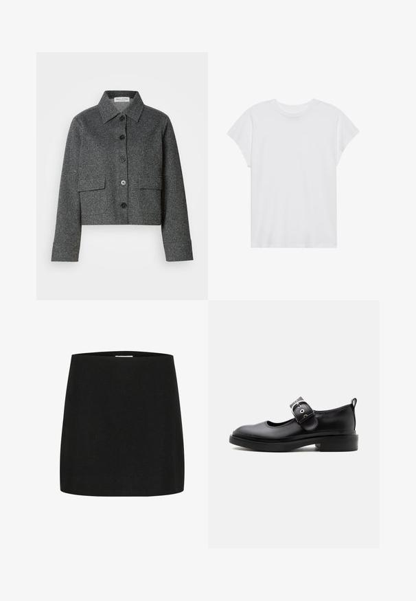 Grå cropped jakke lavet af struktureret stof, med krave, frontknaplukning og to påsyede lommer.; Hvid kortærmet t-shirt med rund hals, afslappet pasform, lavet af blødt bomuldsstof. Glat tekstur, ingen mønstre eller logoer.; Sort mini-skjorte lavet af tekstureret stof, med en simpel, lige skæring uden synlige udsmykninger eller mønstre.; Sort læder Mary Jane-sko med tyk sål, rundet tå, sølvspænde og trækflig bagpå.