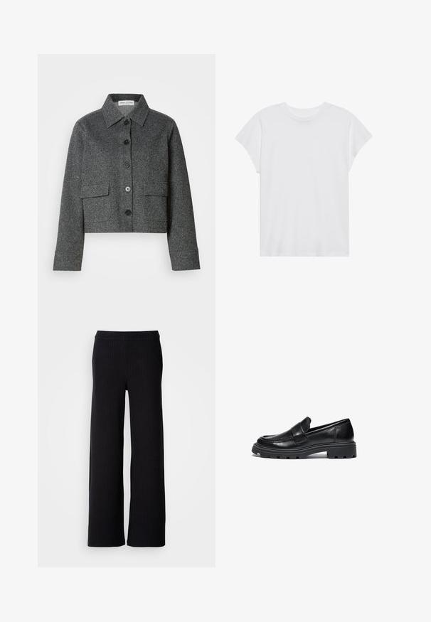 Grå cropped jakke lavet af struktureret stof, med krave, frontknaplukning og to påsyede lommer.; Hvid kortærmet t-shirt med rund hals, afslappet pasform, lavet af blødt bomuldsstof. Glat tekstur, ingen mønstre eller logoer.; Sorte, brede bukser med lodrette striber, lavet af et tekstureret stof. Udstyret med et elastisk taljebånd for komfort.; Sorte læder loafers med rund tå, syede detaljer og en kraftig gummisål med et tekstureret trækmønster.