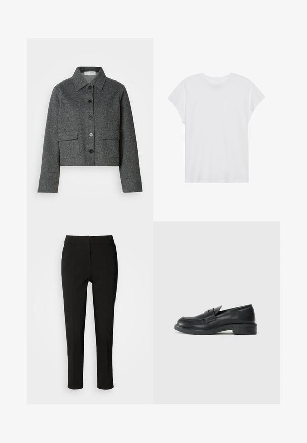 Veste grise courte en tissu texturé, dotée d'un col, d'une fermeture à boutons sur le devant et de deux poches plaquées.; T-shirt blanc à manches courtes, col rond, coupe décontractée, en tissu de coton doux. Texture lisse, sans motifs ni logos.; Pantalons noirs ajustés avec une coupe slim, devant plat et sans poches visibles, offrant une texture lisse et une finition soignée au bas.; Mocassins en cuir noir avec un bout arrondi, des détails cousus et un petit talon. Texture lisse et semelle en caoutchouc flexible.